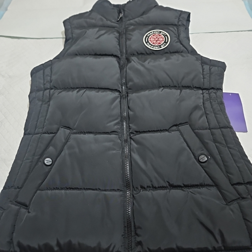 Madden Girl Black Puffer Vest with Logo Patch